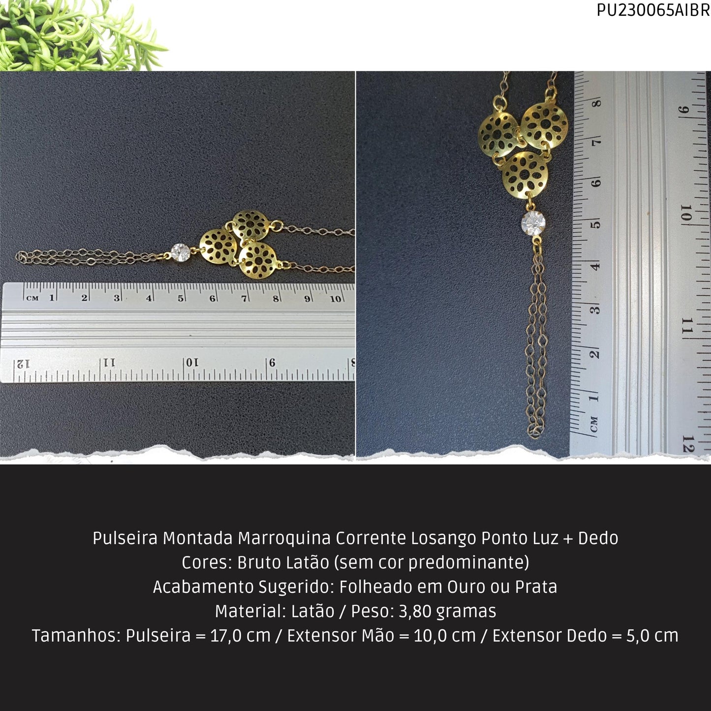 Pulseira Montada Marroquina Corrente Losango Ponto Luz + Dedo  - Código.: PU230065AIBR  - Peso.: 3.8 gr