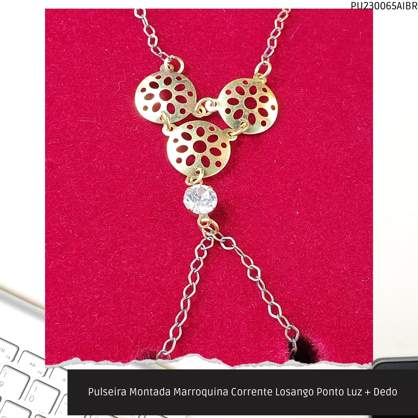 Pulseira Montada Marroquina Corrente Losango Ponto Luz + Dedo  - Código.: PU230065AIBR  - Peso.: 3.8 gr