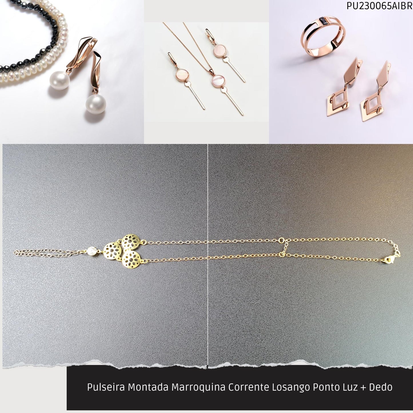 Pulseira Montada Marroquina Corrente Losango Ponto Luz + Dedo  - Código.: PU230065AIBR  - Peso.: 3.8 gr