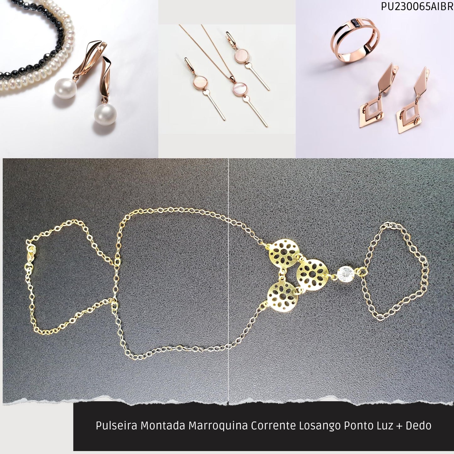 Pulseira Montada Marroquina Corrente Losango Ponto Luz + Dedo  - Código.: PU230065AIBR  - Peso.: 3.8 gr