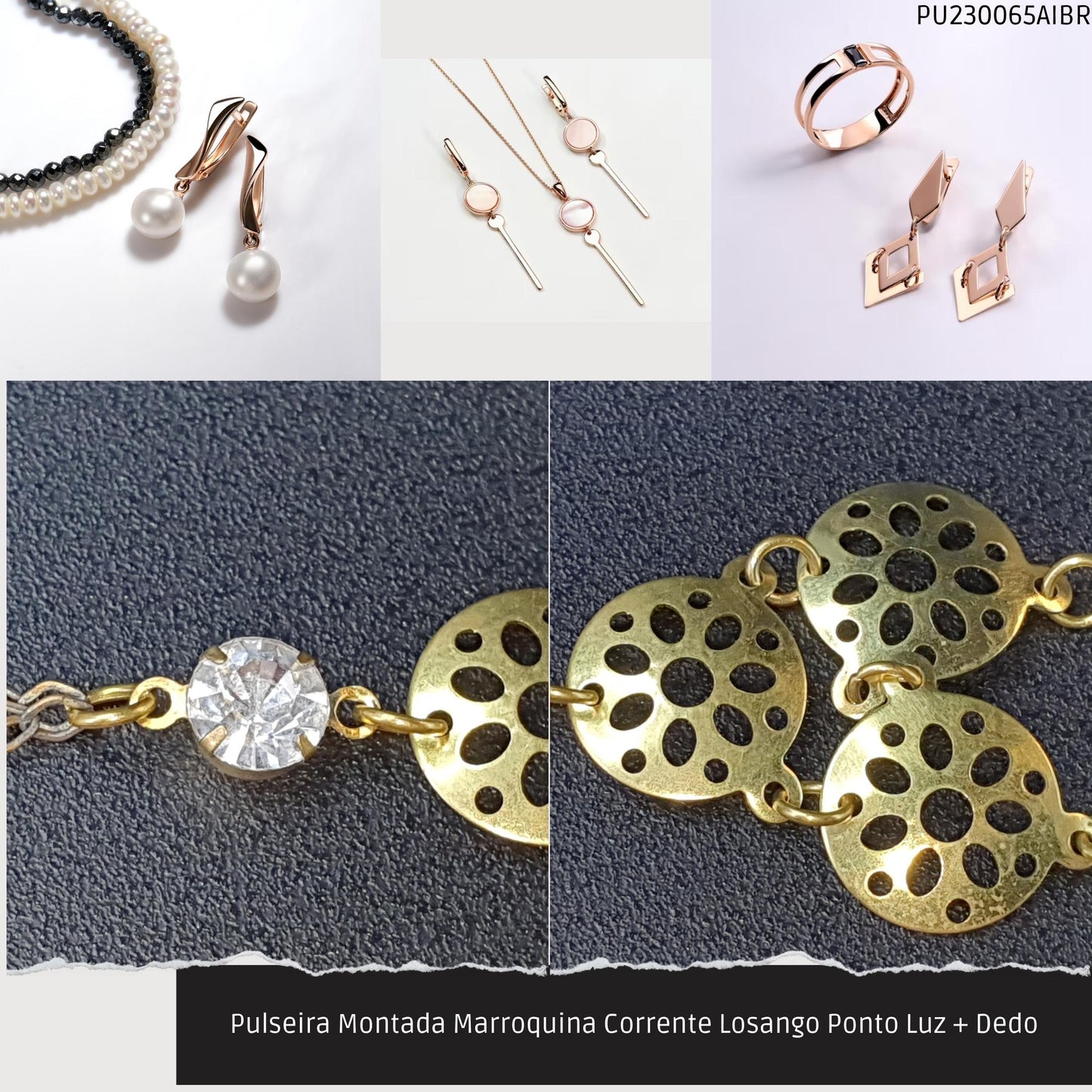 Pulseira Montada Marroquina Corrente Losango Ponto Luz + Dedo  - Código.: PU230065AIBR  - Peso.: 3.8 gr