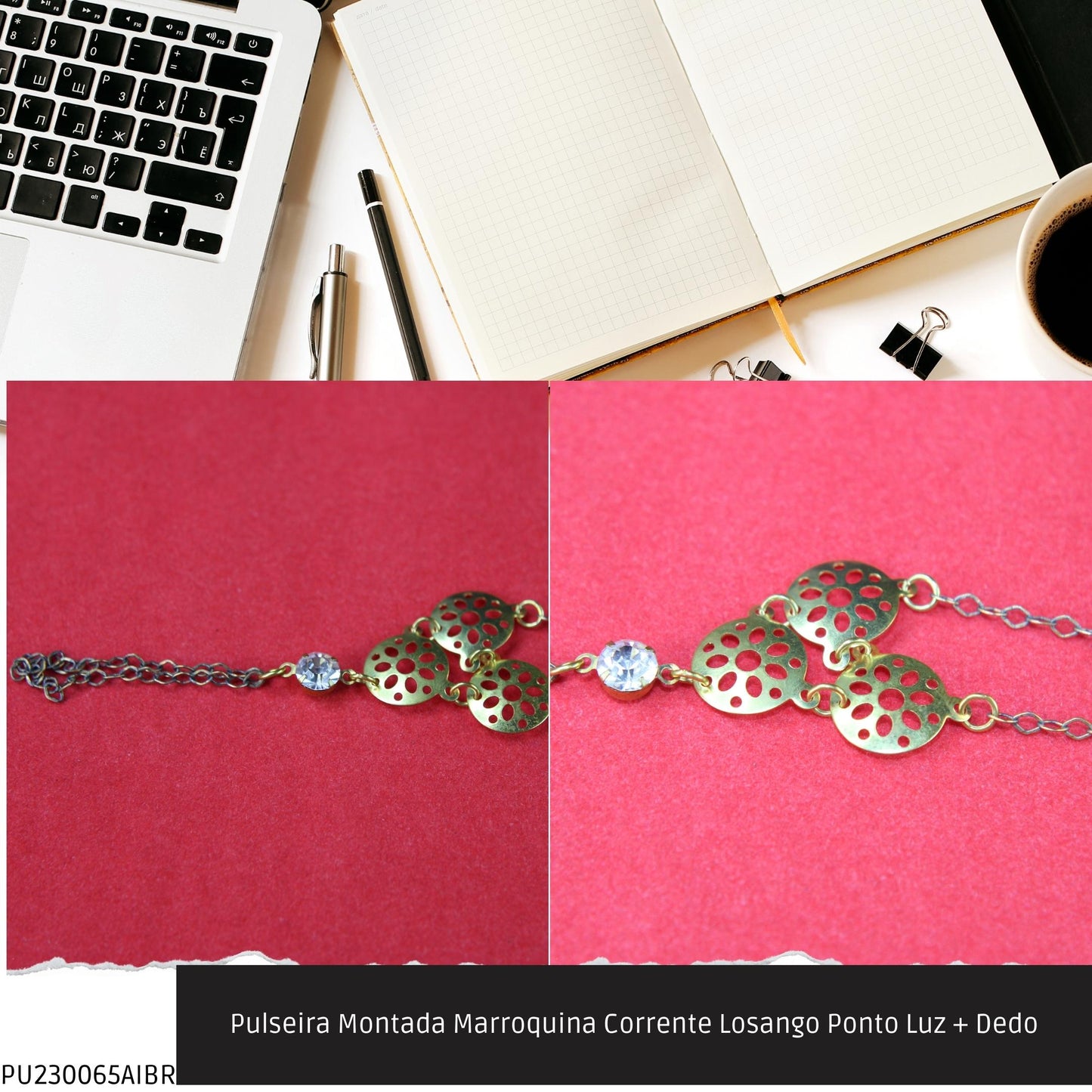 Pulseira Montada Marroquina Corrente Losango Ponto Luz + Dedo  - Código.: PU230065AIBR  - Peso.: 3.8 gr