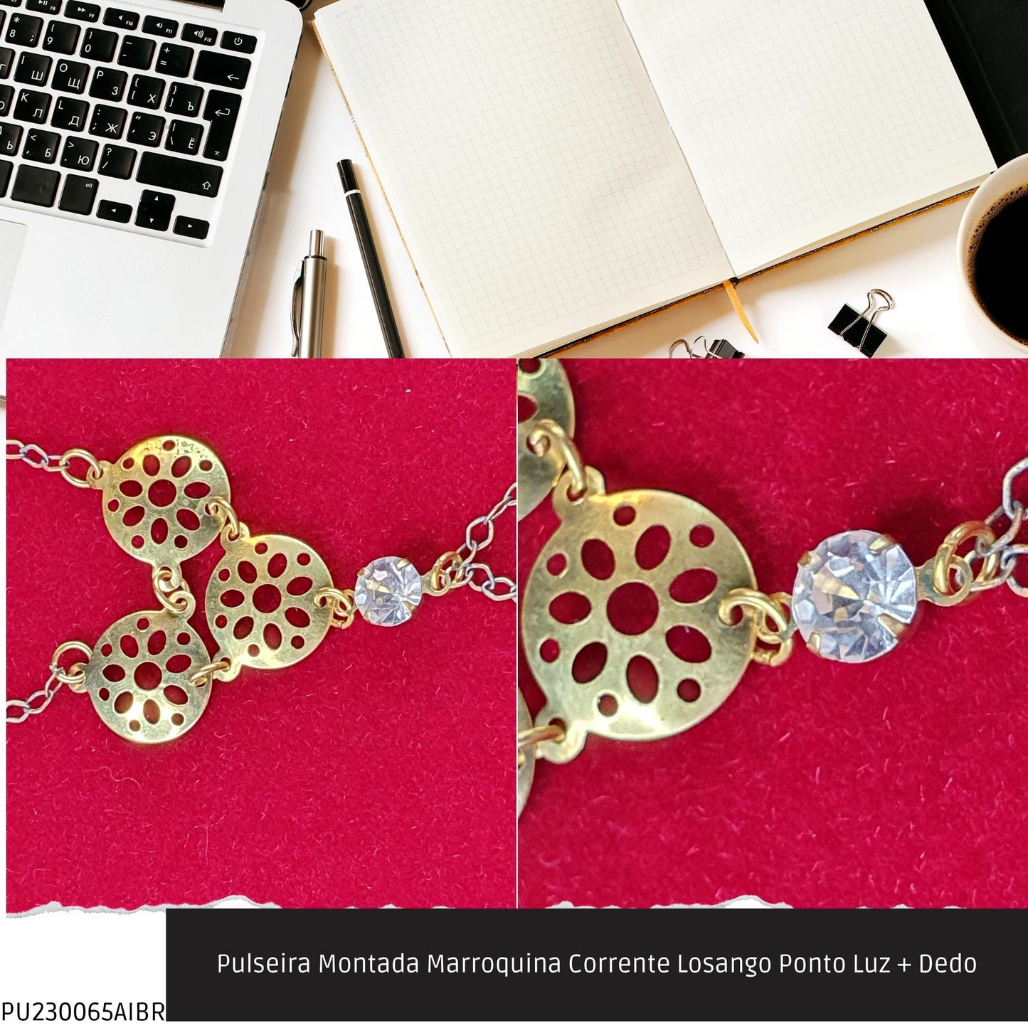 Pulseira Montada Marroquina Corrente Losango Ponto Luz + Dedo  - Código.: PU230065AIBR  - Peso.: 3.8 gr