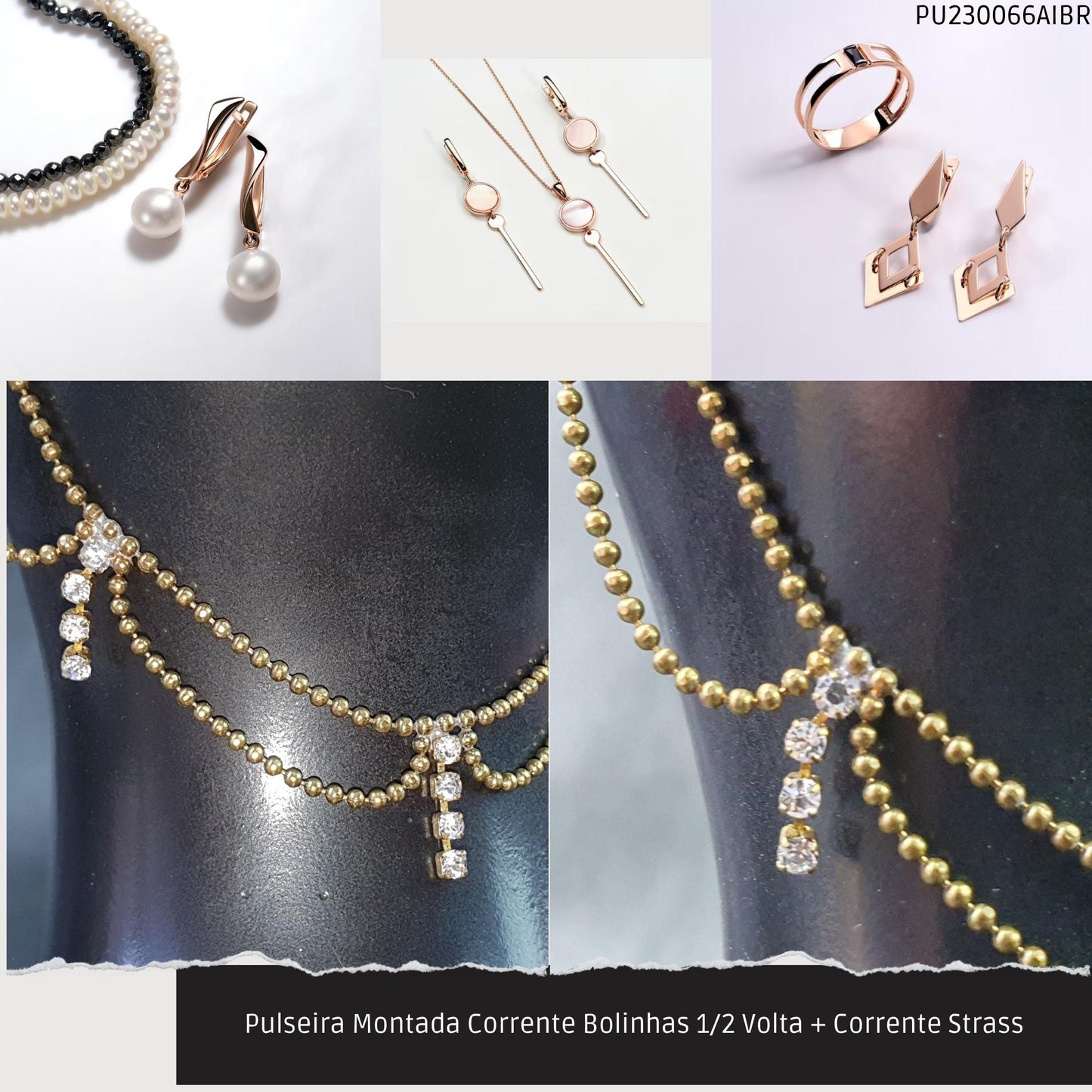 Pulseira Montada Corrente Bolinhas 1/2 Volta + Corrente Strass  - Código.: PU230066AIBR  - Peso.: 2.7 gr