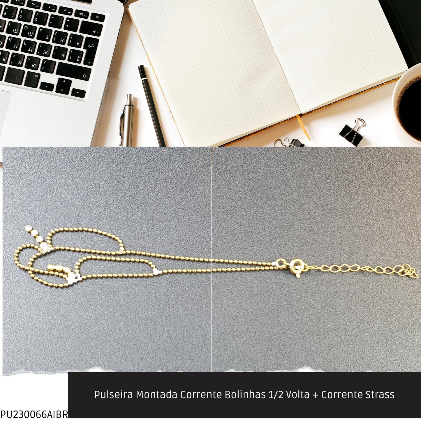 Pulseira Montada Corrente Bolinhas 1/2 Volta + Corrente Strass  - Código.: PU230066AIBR  - Peso.: 2.7 gr