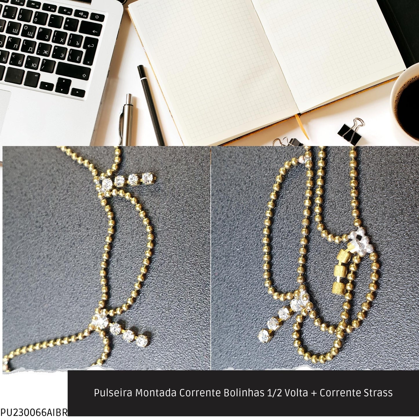 Pulseira Montada Corrente Bolinhas 1/2 Volta + Corrente Strass  - Código.: PU230066AIBR  - Peso.: 2.7 gr
