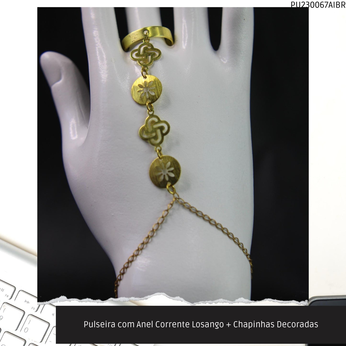 Pulseira com Anel Corrente Losango + Chapinhas Decoradas  - Código.: PU230067AIBR  - Peso.: 4.6 gr