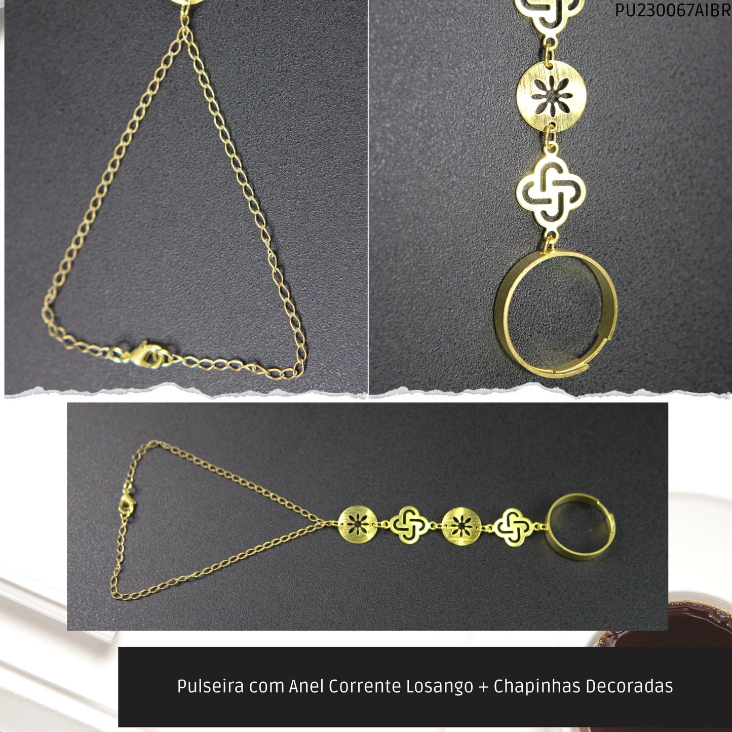Pulseira com Anel Corrente Losango + Chapinhas Decoradas  - Código.: PU230067AIBR  - Peso.: 4.6 gr