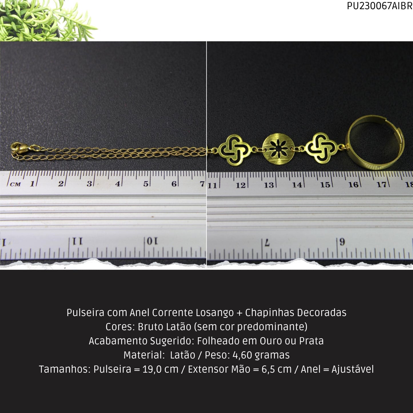 Pulseira com Anel Corrente Losango + Chapinhas Decoradas  - Código.: PU230067AIBR  - Peso.: 4.6 gr