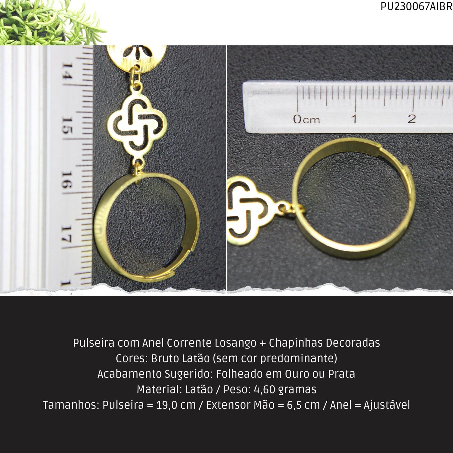 Pulseira com Anel Corrente Losango + Chapinhas Decoradas  - Código.: PU230067AIBR  - Peso.: 4.6 gr