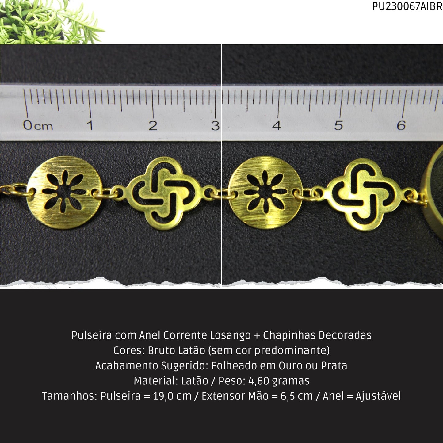 Pulseira com Anel Corrente Losango + Chapinhas Decoradas  - Código.: PU230067AIBR  - Peso.: 4.6 gr
