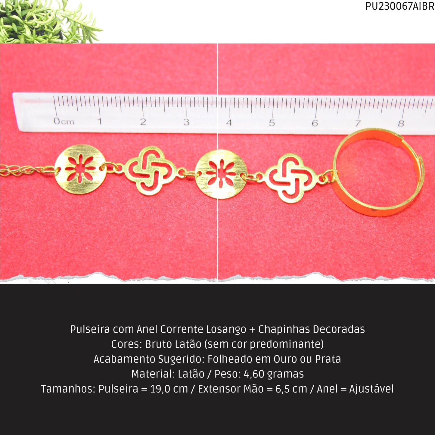 Pulseira com Anel Corrente Losango + Chapinhas Decoradas  - Código.: PU230067AIBR  - Peso.: 4.6 gr