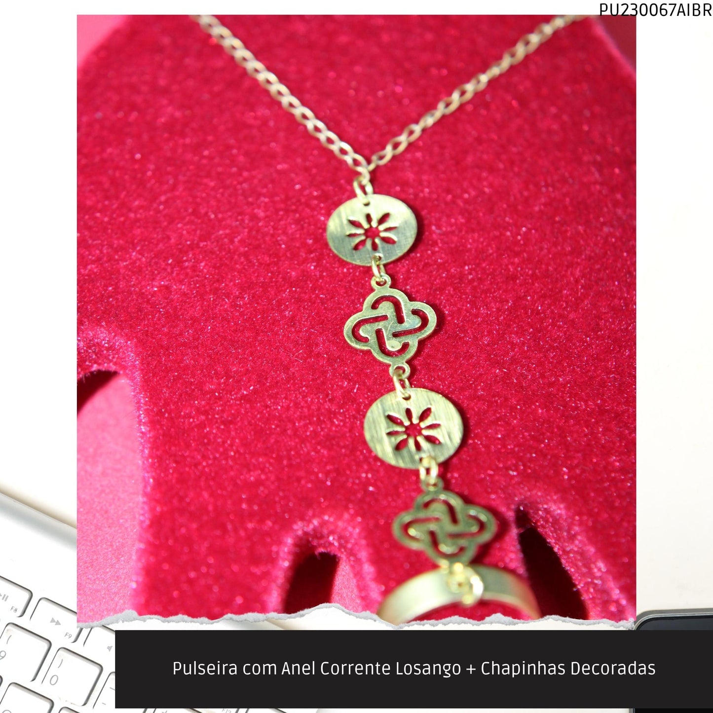 Pulseira com Anel Corrente Losango + Chapinhas Decoradas  - Código.: PU230067AIBR  - Peso.: 4.6 gr