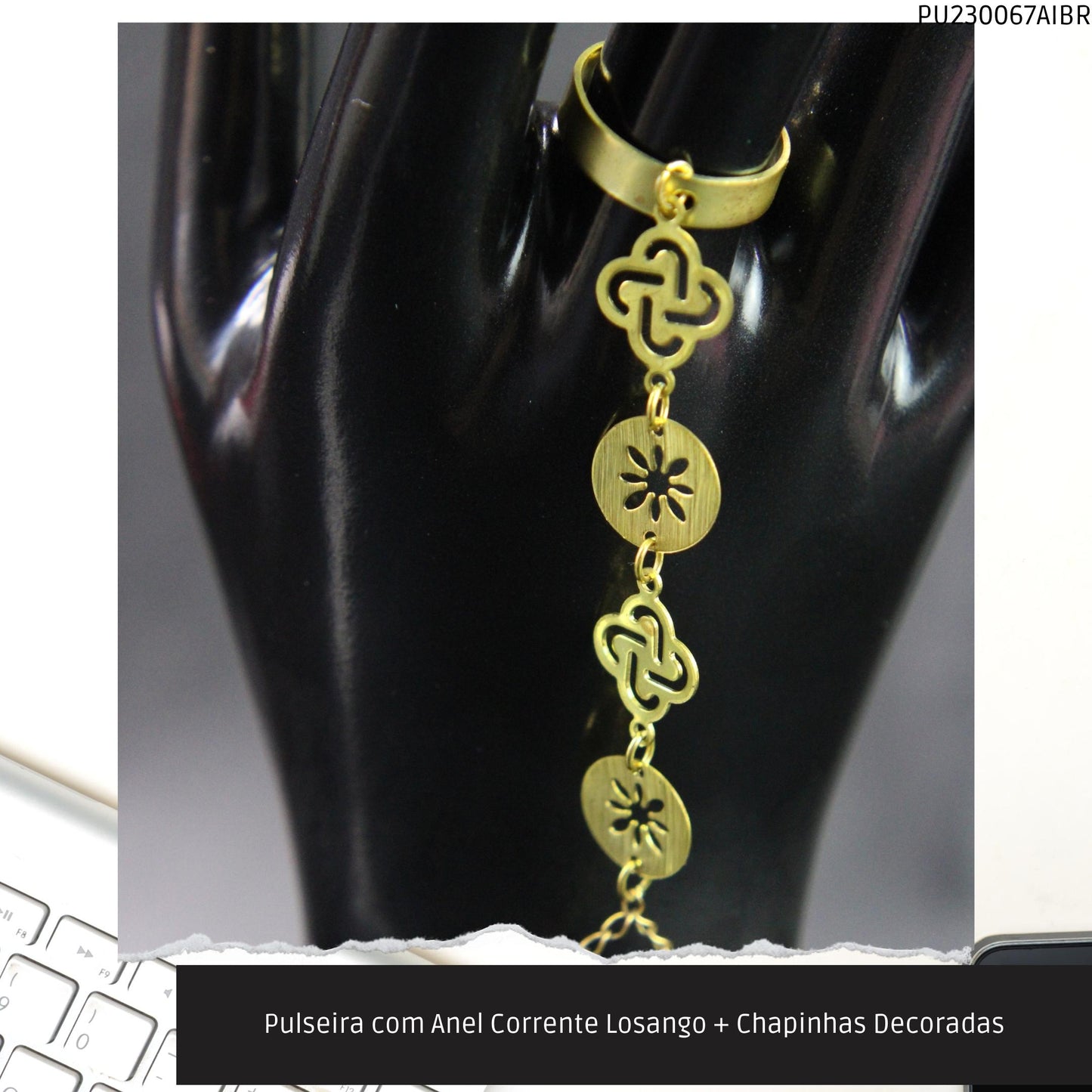Pulseira com Anel Corrente Losango + Chapinhas Decoradas  - Código.: PU230067AIBR  - Peso.: 4.6 gr