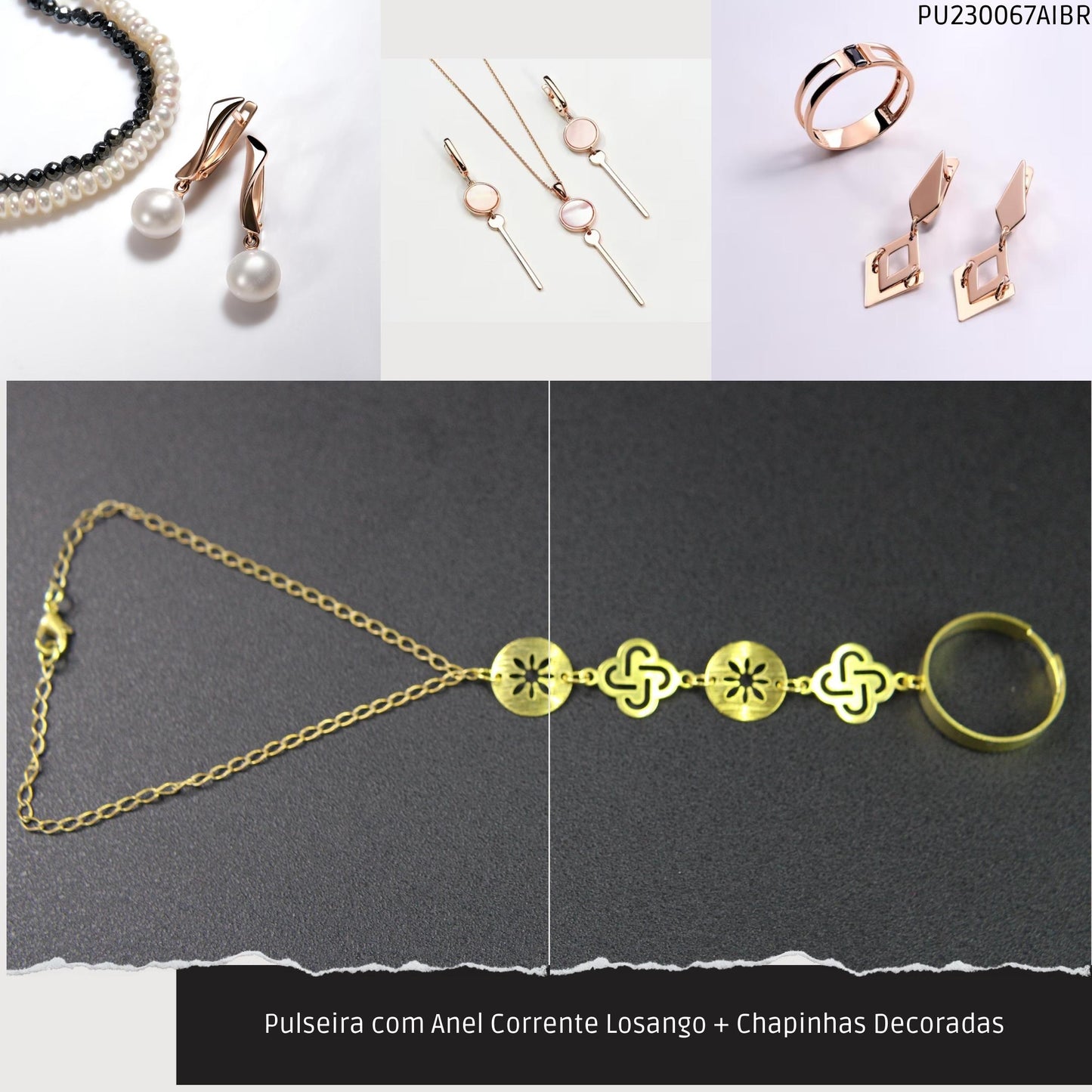 Pulseira com Anel Corrente Losango + Chapinhas Decoradas  - Código.: PU230067AIBR  - Peso.: 4.6 gr