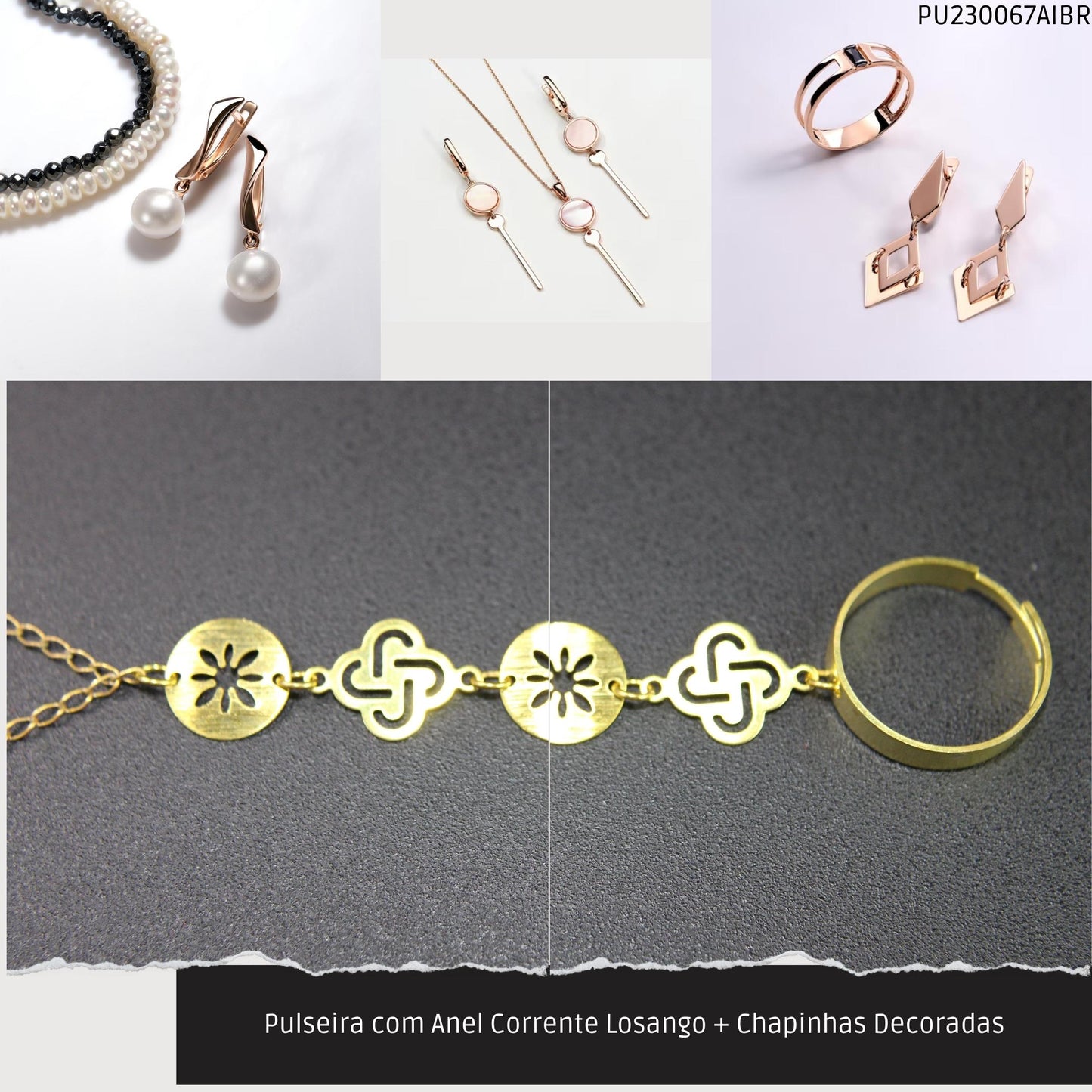 Pulseira com Anel Corrente Losango + Chapinhas Decoradas  - Código.: PU230067AIBR  - Peso.: 4.6 gr