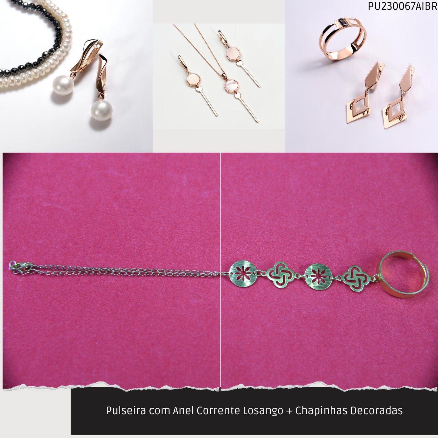 Pulseira com Anel Corrente Losango + Chapinhas Decoradas  - Código.: PU230067AIBR  - Peso.: 4.6 gr