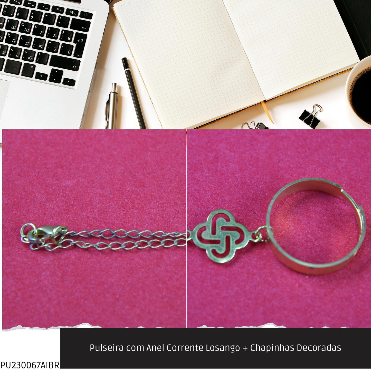 Pulseira com Anel Corrente Losango + Chapinhas Decoradas  - Código.: PU230067AIBR  - Peso.: 4.6 gr