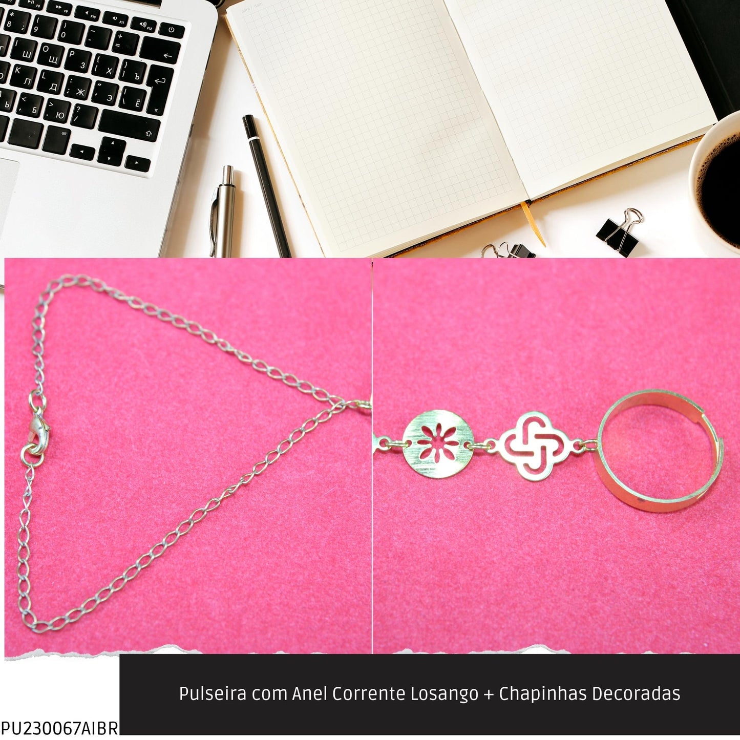 Pulseira com Anel Corrente Losango + Chapinhas Decoradas  - Código.: PU230067AIBR  - Peso.: 4.6 gr