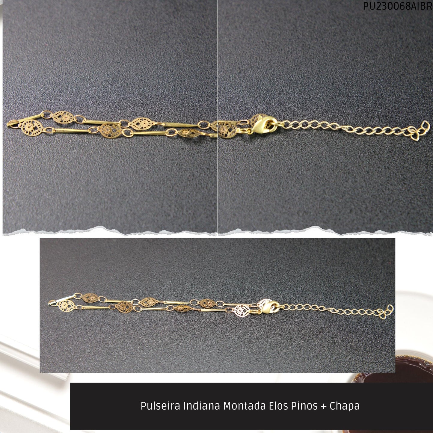 Pulseira Indiana Montada Elos Pinos + Chapa   - Código.: PU230068AIBR  - Peso.: 1.5 gr
