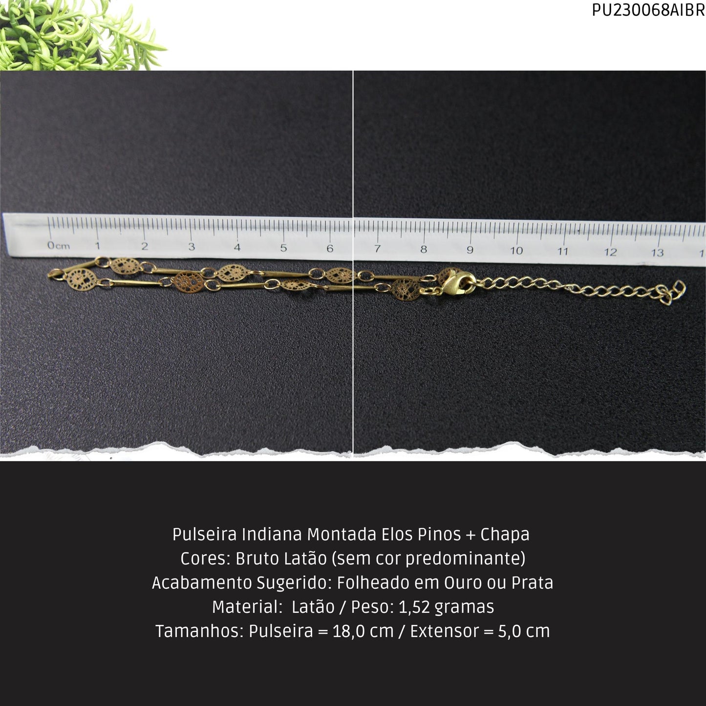 Pulseira Indiana Montada Elos Pinos + Chapa   - Código.: PU230068AIBR  - Peso.: 1.5 gr
