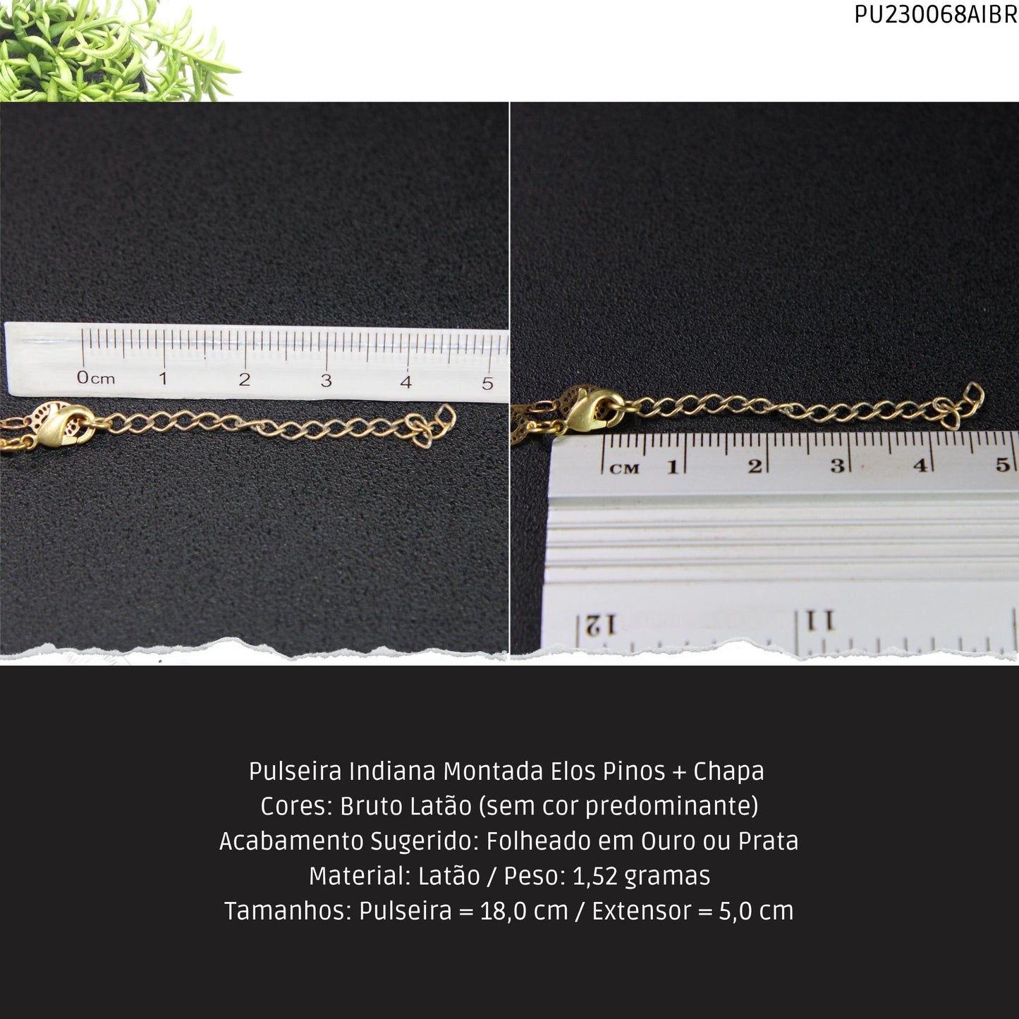 Pulseira Indiana Montada Elos Pinos + Chapa   - Código.: PU230068AIBR  - Peso.: 1.5 gr