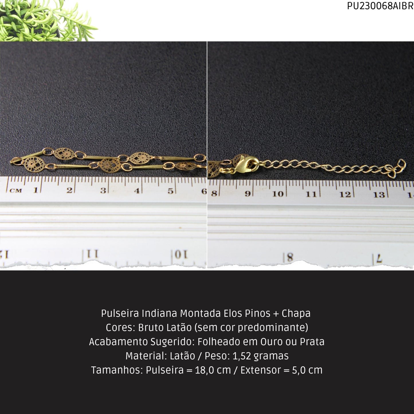 Pulseira Indiana Montada Elos Pinos + Chapa   - Código.: PU230068AIBR  - Peso.: 1.5 gr