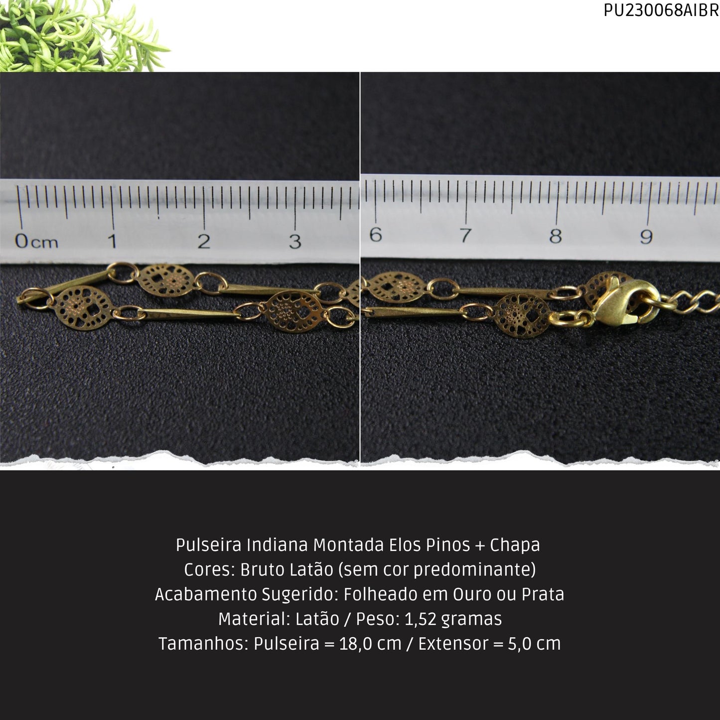 Pulseira Indiana Montada Elos Pinos + Chapa   - Código.: PU230068AIBR  - Peso.: 1.5 gr