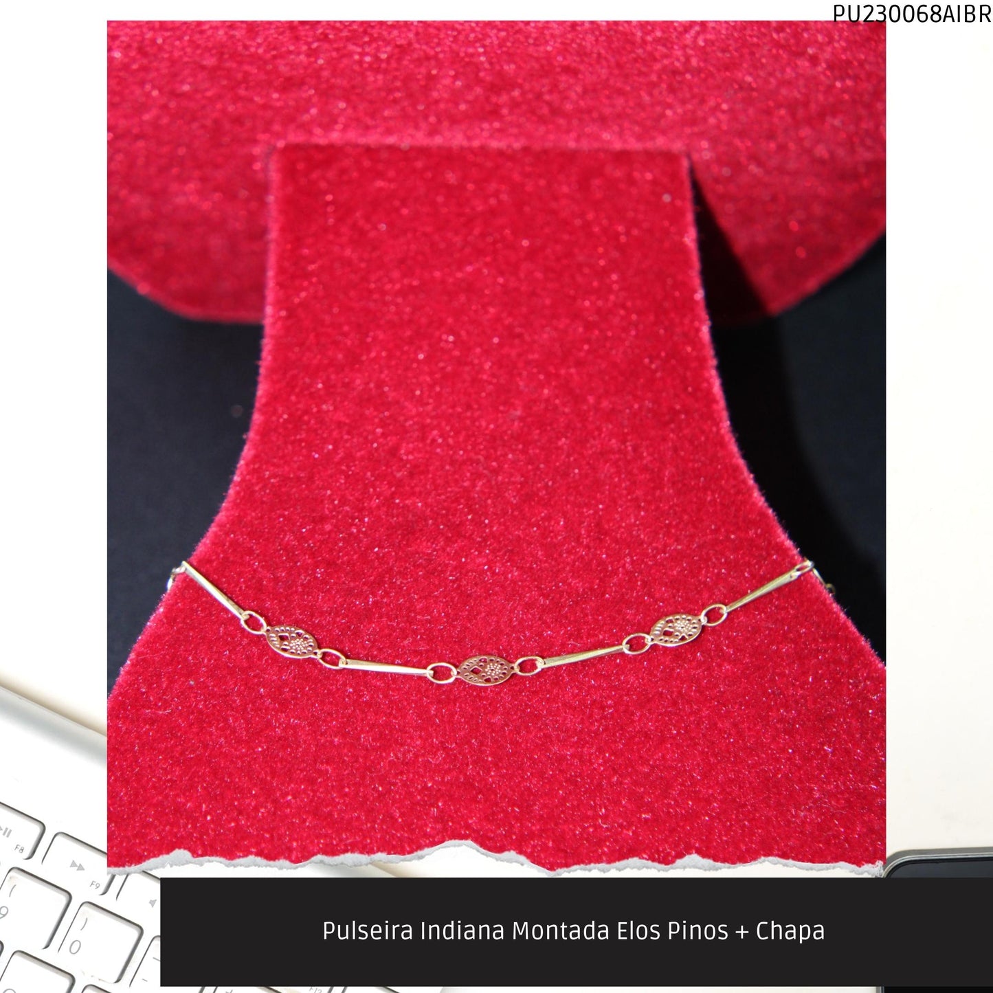 Pulseira Indiana Montada Elos Pinos + Chapa   - Código.: PU230068AIBR  - Peso.: 1.5 gr