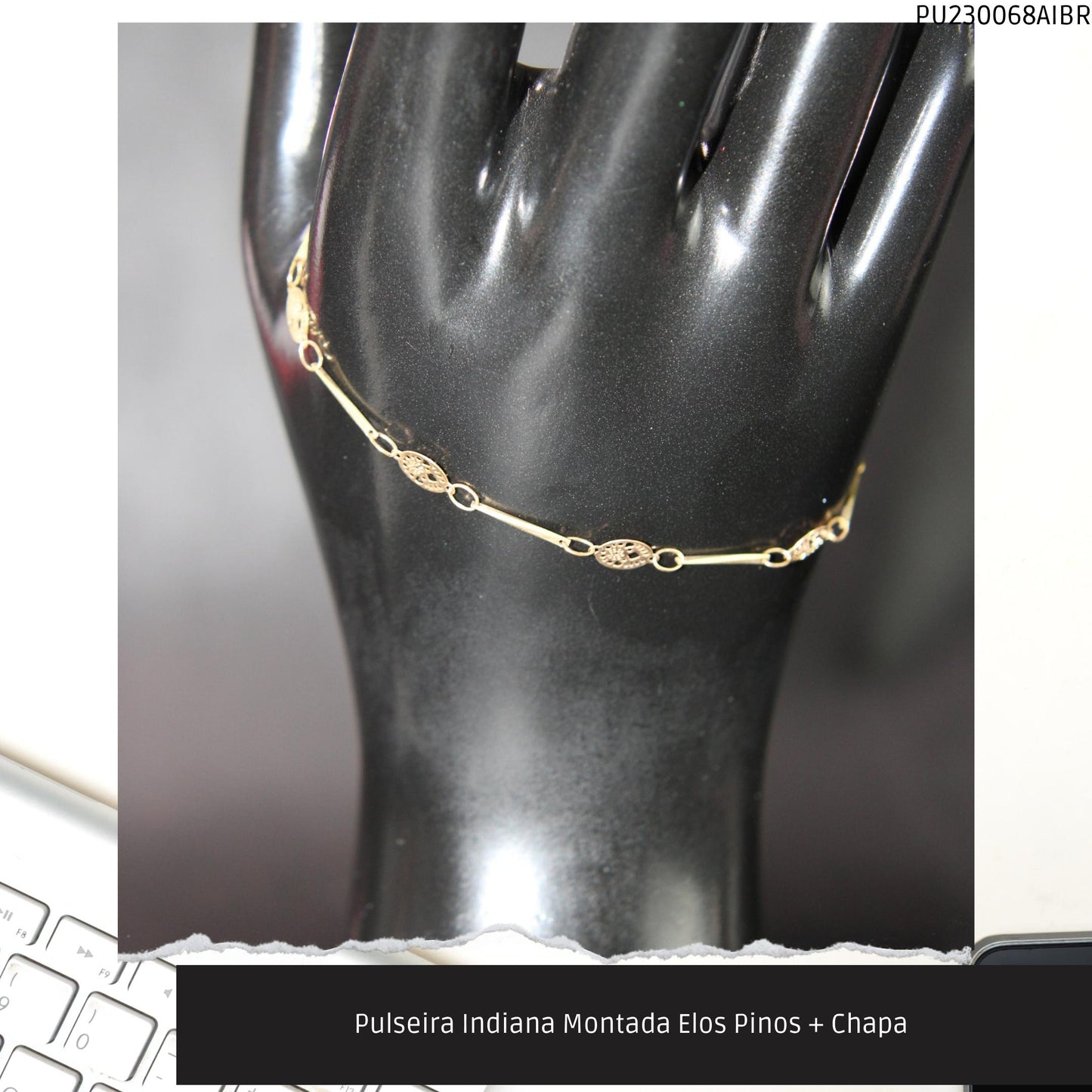 Pulseira Indiana Montada Elos Pinos + Chapa   - Código.: PU230068AIBR  - Peso.: 1.5 gr