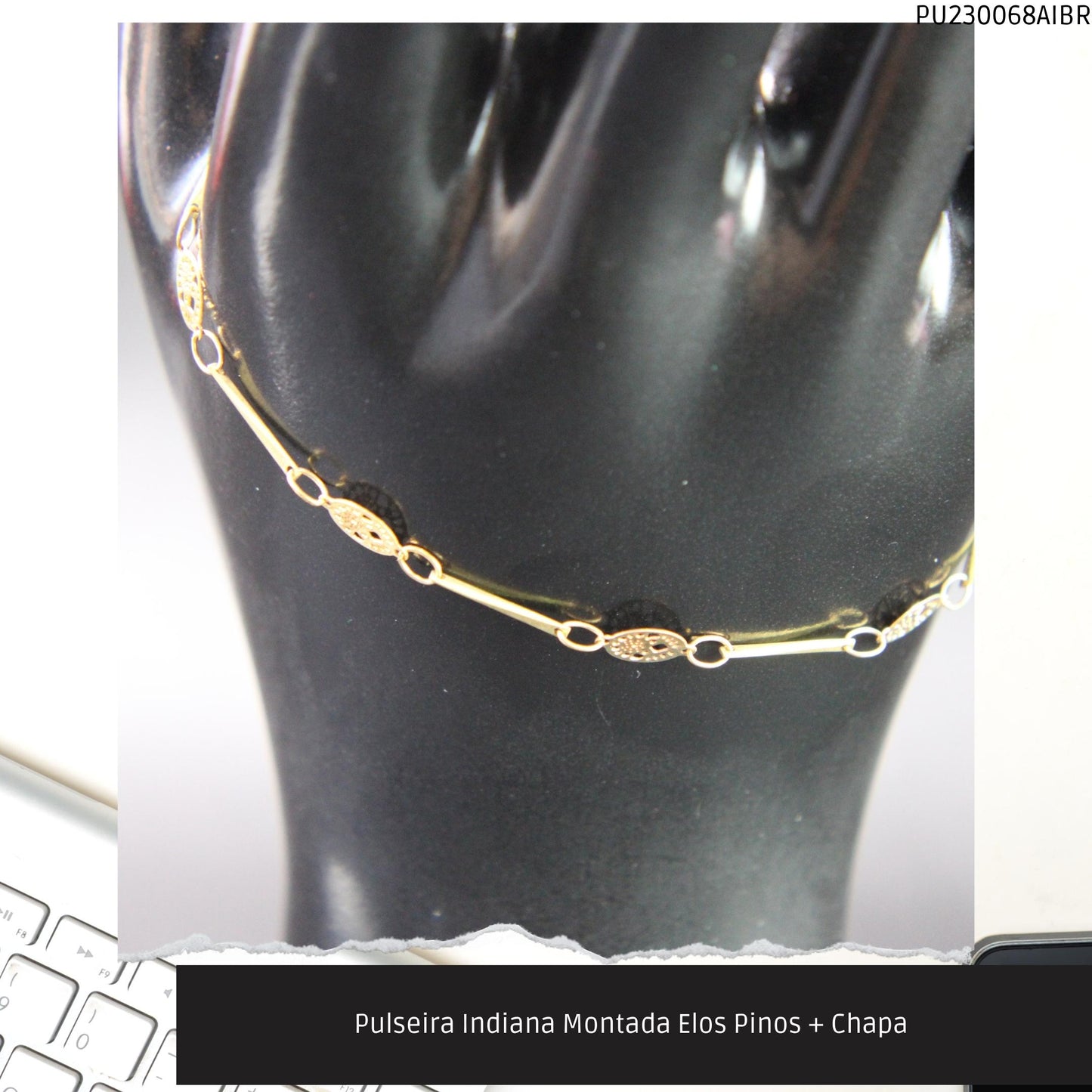 Pulseira Indiana Montada Elos Pinos + Chapa   - Código.: PU230068AIBR  - Peso.: 1.5 gr