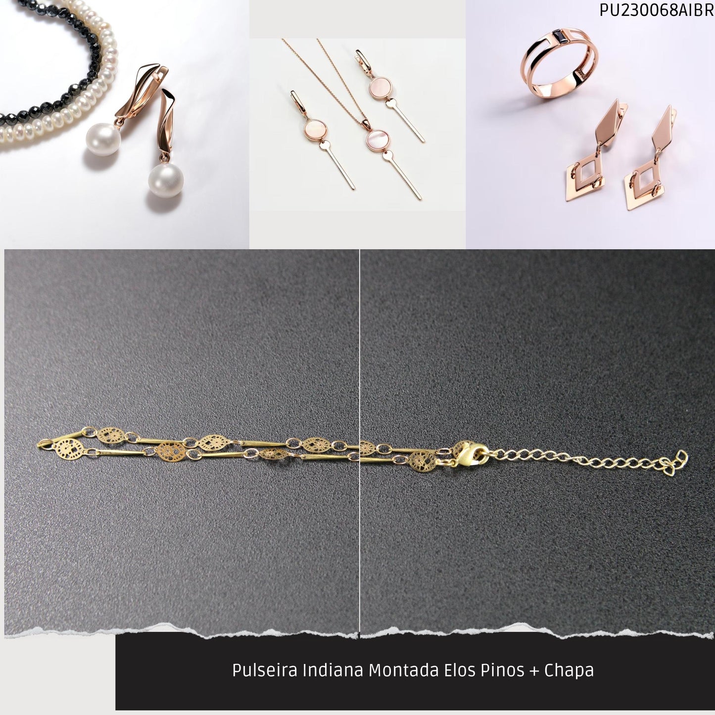 Pulseira Indiana Montada Elos Pinos + Chapa   - Código.: PU230068AIBR  - Peso.: 1.5 gr