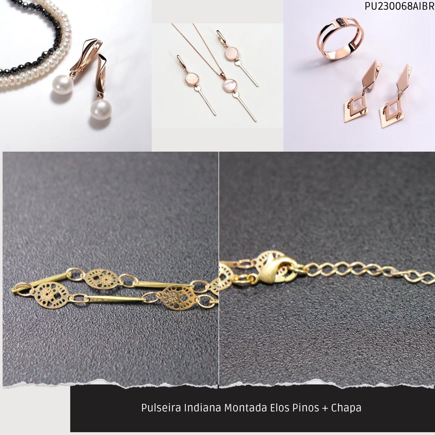 Pulseira Indiana Montada Elos Pinos + Chapa   - Código.: PU230068AIBR  - Peso.: 1.5 gr