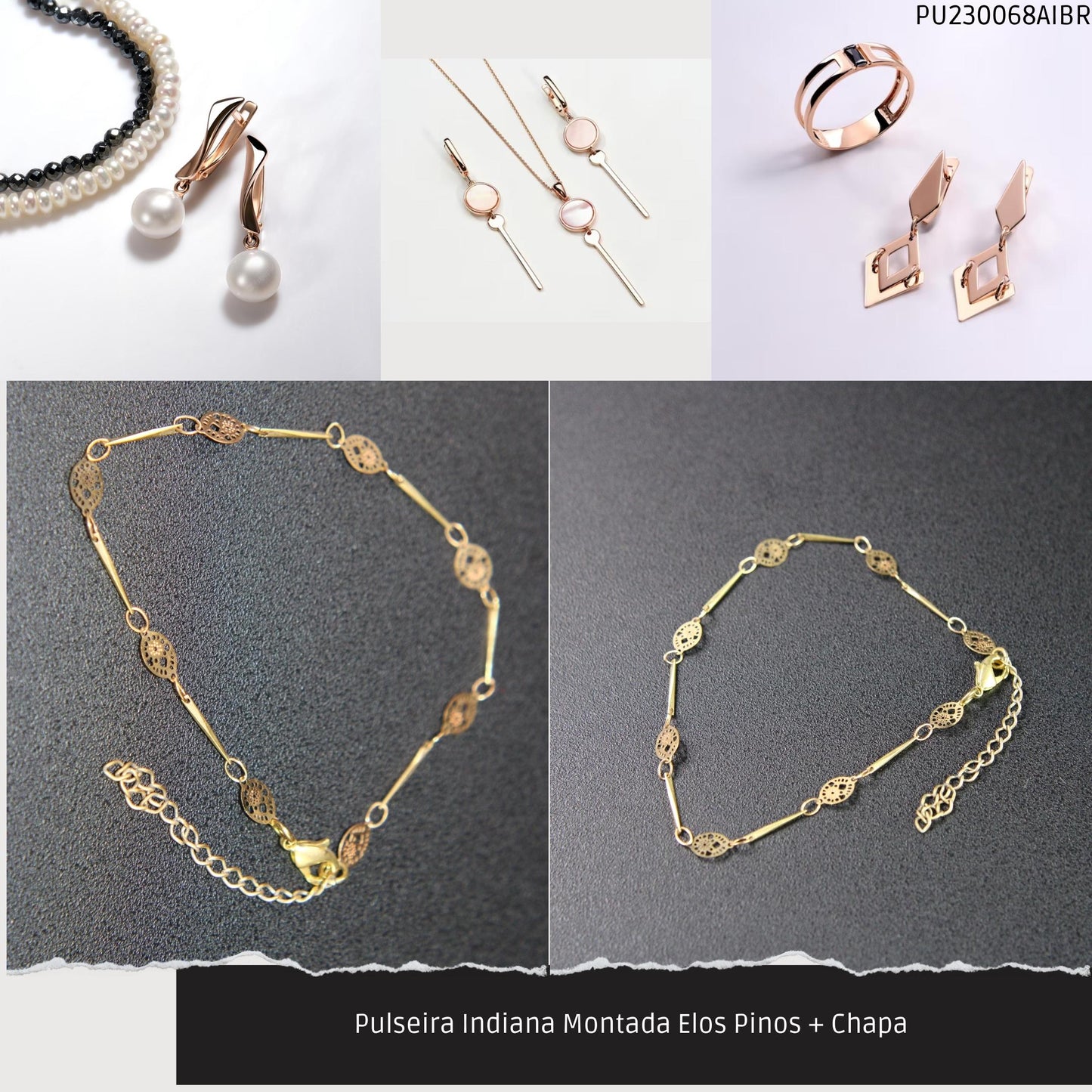 Pulseira Indiana Montada Elos Pinos + Chapa   - Código.: PU230068AIBR  - Peso.: 1.5 gr