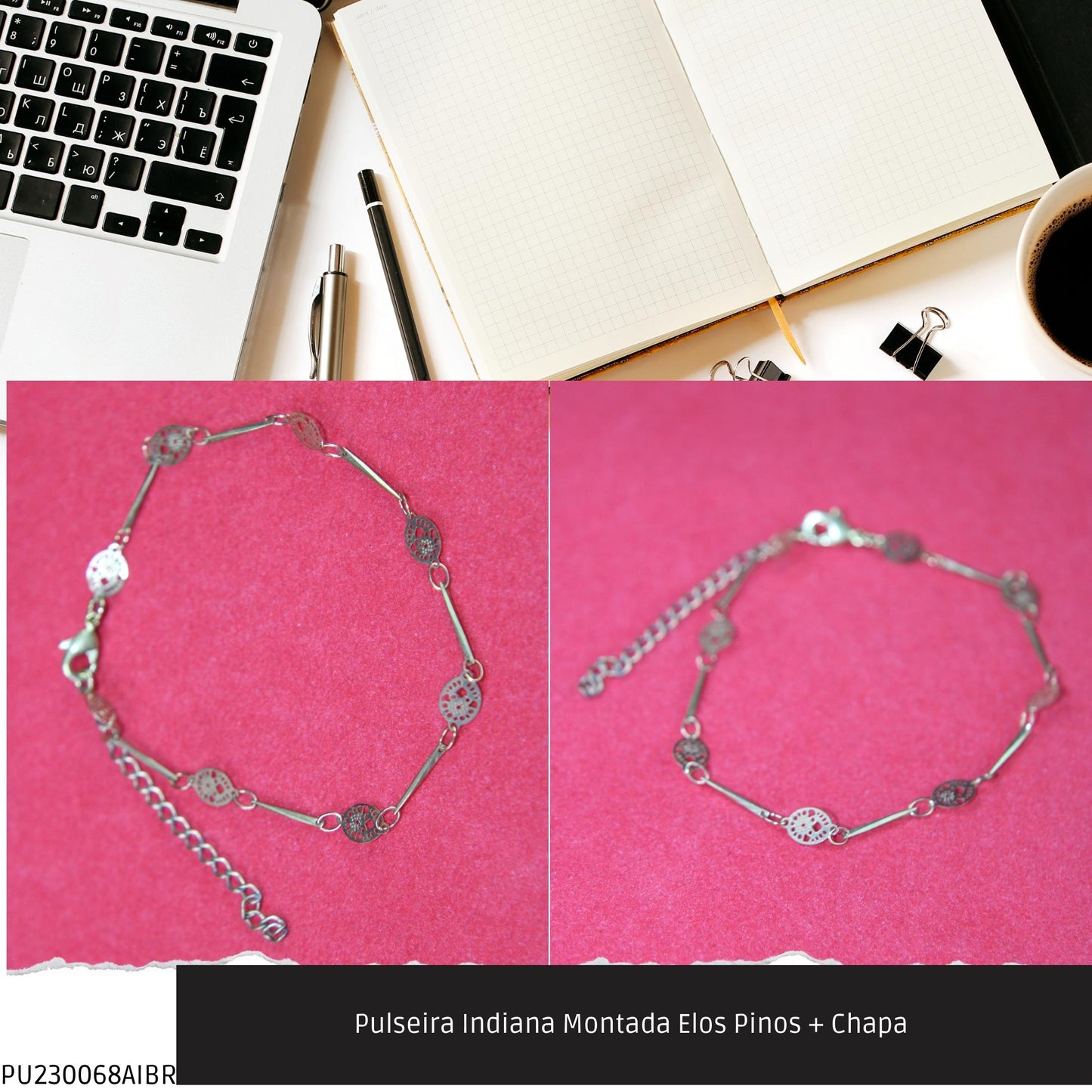 Pulseira Indiana Montada Elos Pinos + Chapa   - Código.: PU230068AIBR  - Peso.: 1.5 gr