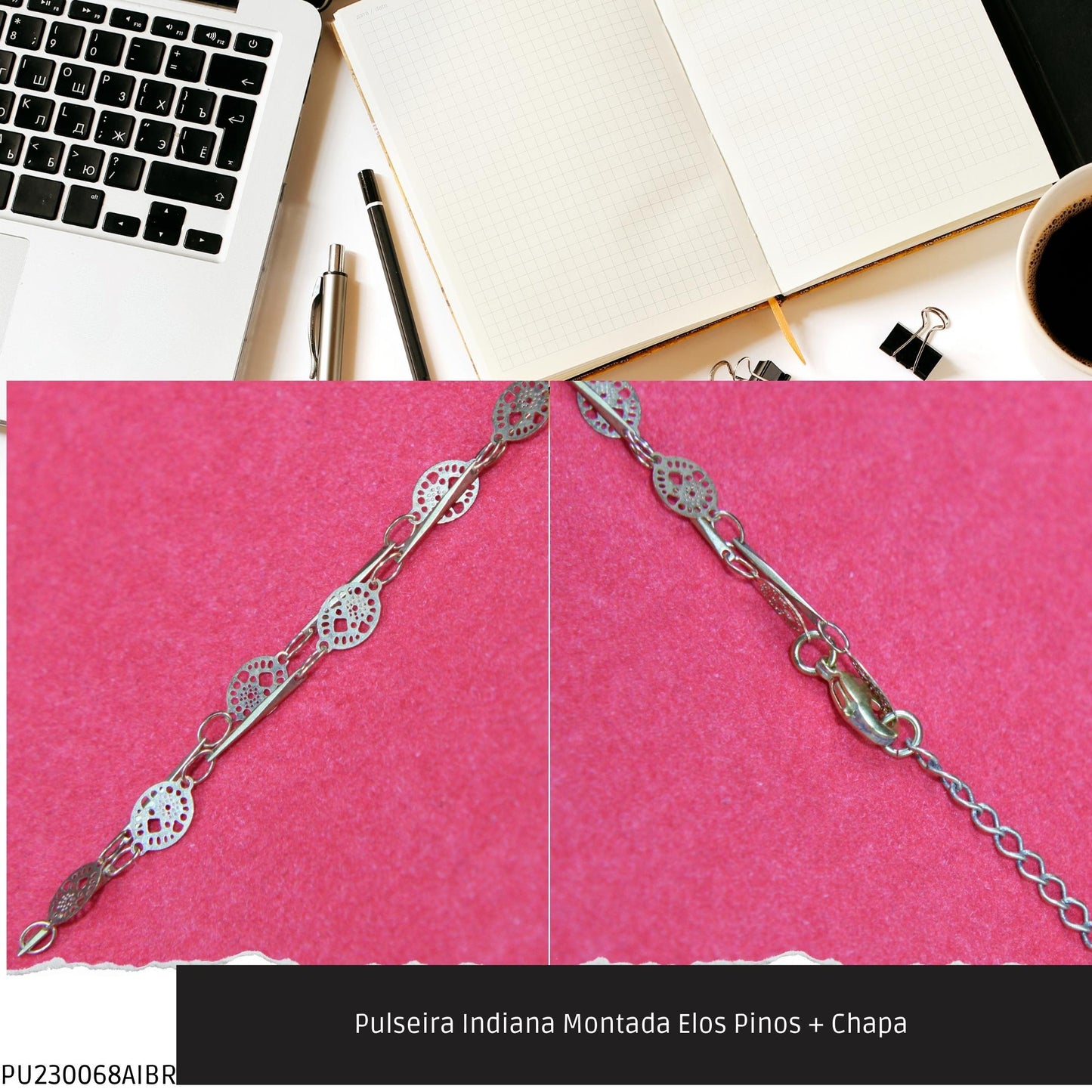 Pulseira Indiana Montada Elos Pinos + Chapa   - Código.: PU230068AIBR  - Peso.: 1.5 gr