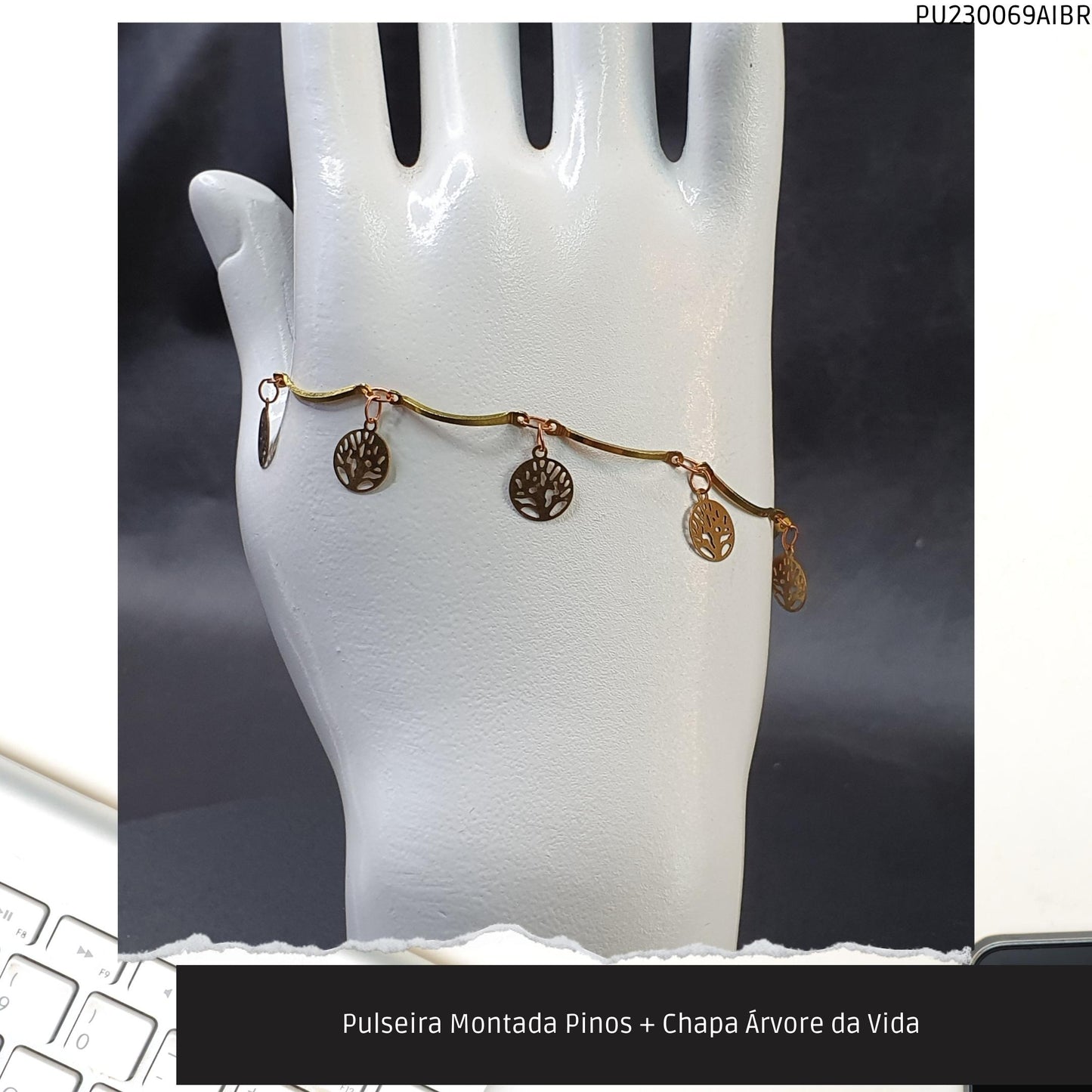 Pulseira Montada Pinos + Chapa Árvore da Vida   - Código.: PU230069AIBR  - Peso.: 2.3 gr