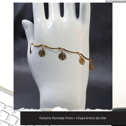 Pulseira Montada Pinos + Chapa Árvore da Vida   - Código.: PU230069AIBR  - Peso.: 2.3 gr