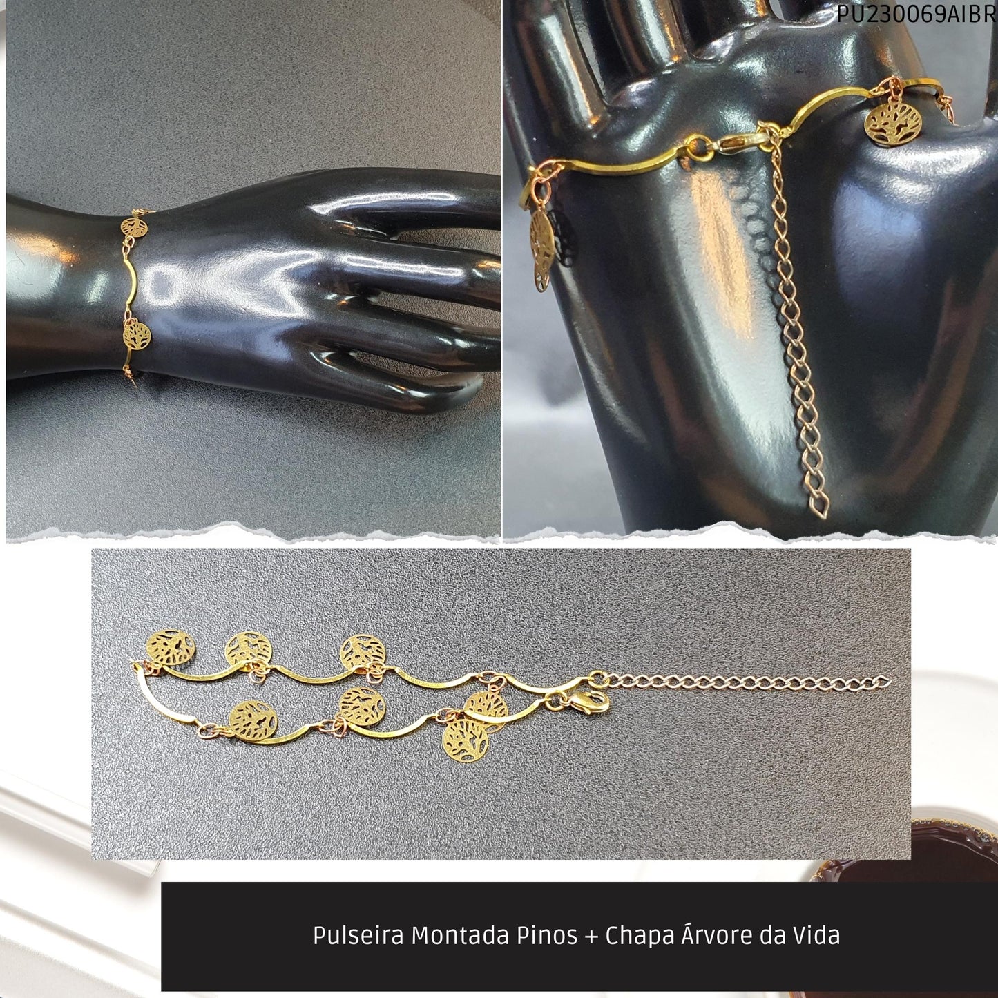Pulseira Montada Pinos + Chapa Árvore da Vida   - Código.: PU230069AIBR  - Peso.: 2.3 gr