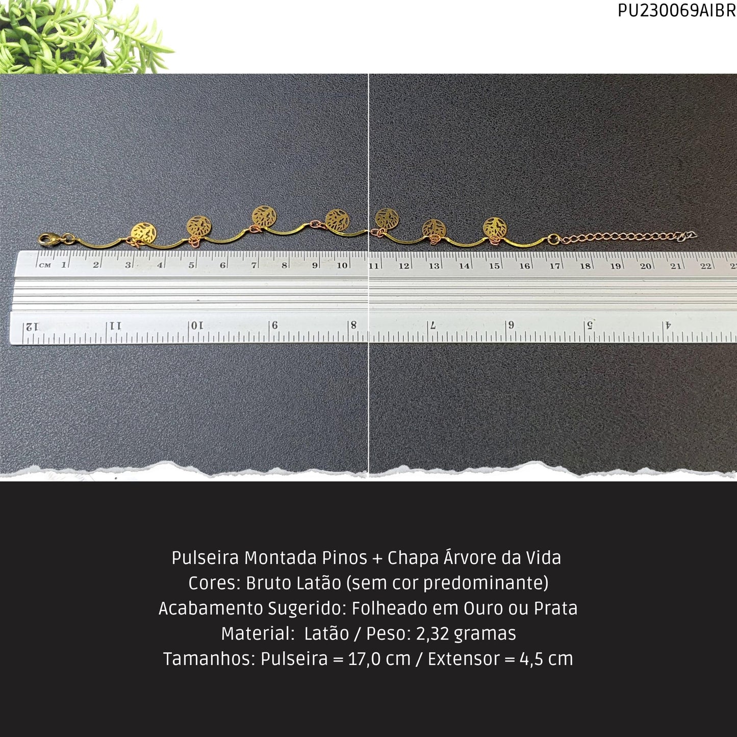 Pulseira Montada Pinos + Chapa Árvore da Vida   - Código.: PU230069AIBR  - Peso.: 2.3 gr