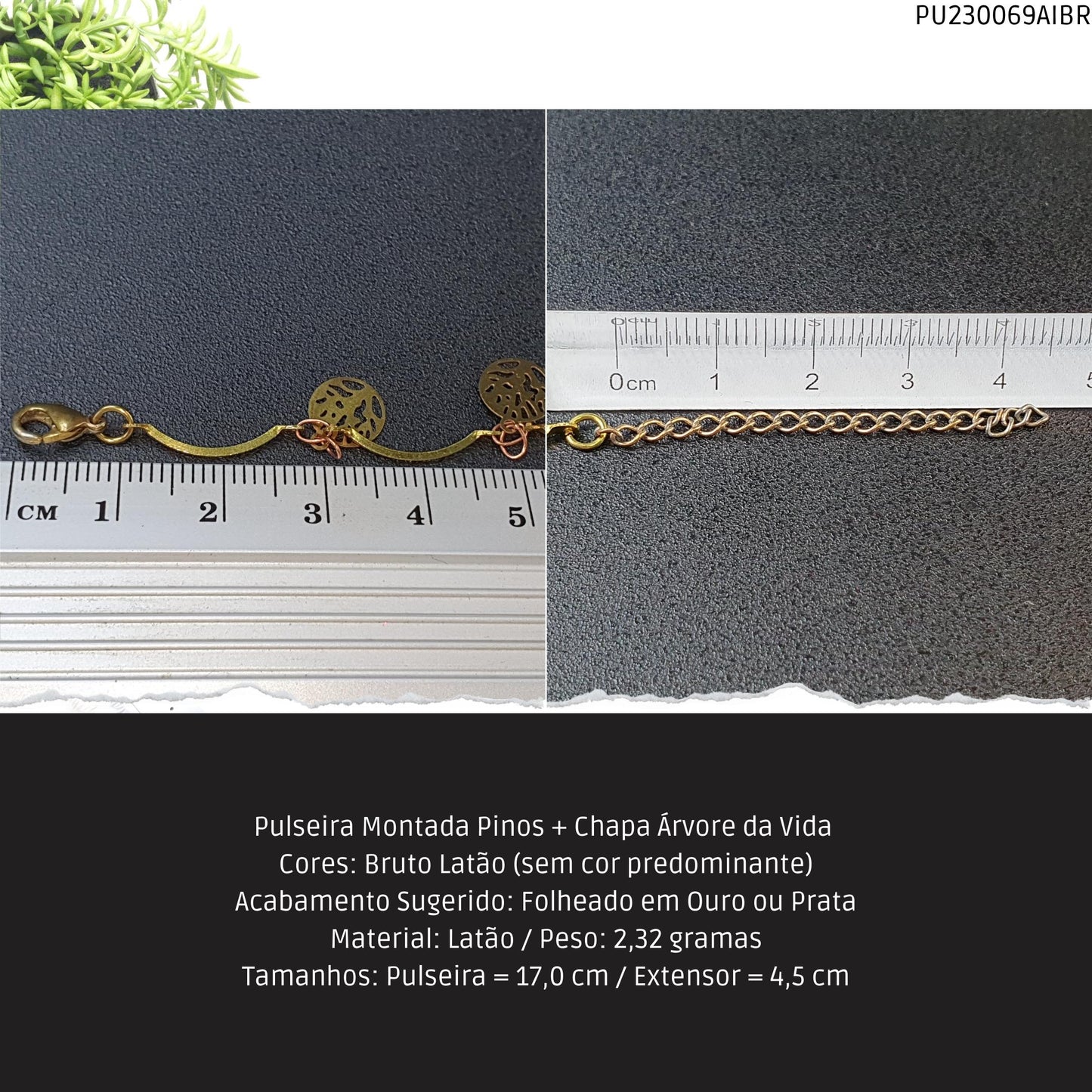 Pulseira Montada Pinos + Chapa Árvore da Vida   - Código.: PU230069AIBR  - Peso.: 2.3 gr