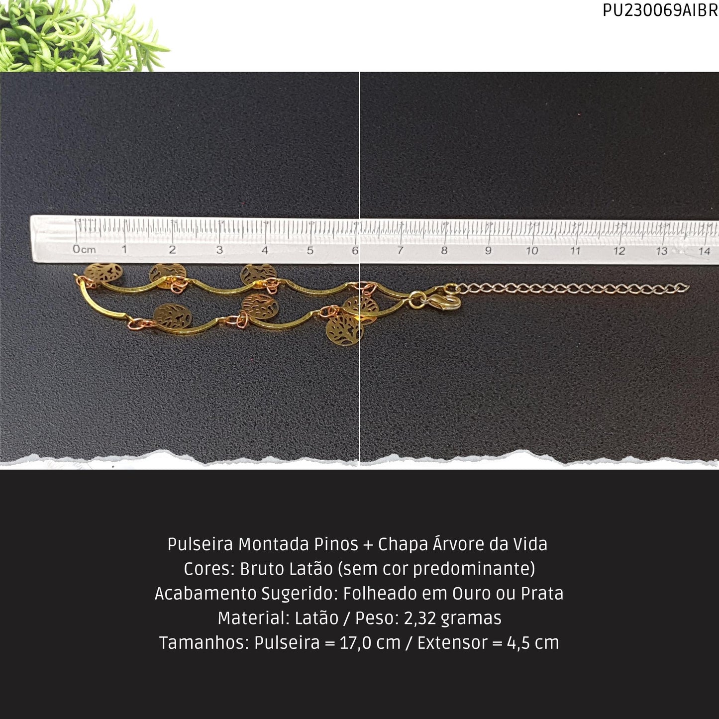 Pulseira Montada Pinos + Chapa Árvore da Vida   - Código.: PU230069AIBR  - Peso.: 2.3 gr
