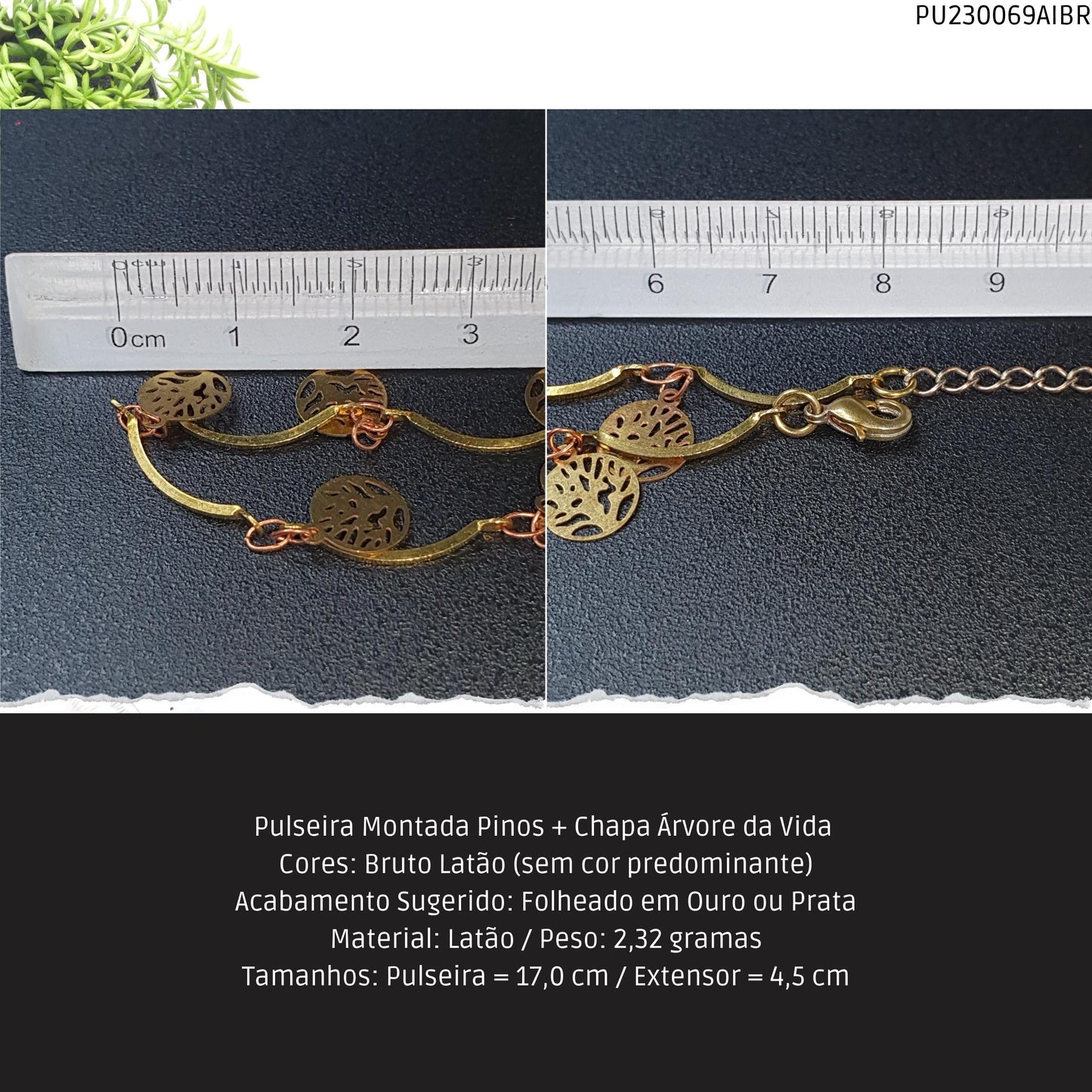 Pulseira Montada Pinos + Chapa Árvore da Vida   - Código.: PU230069AIBR  - Peso.: 2.3 gr