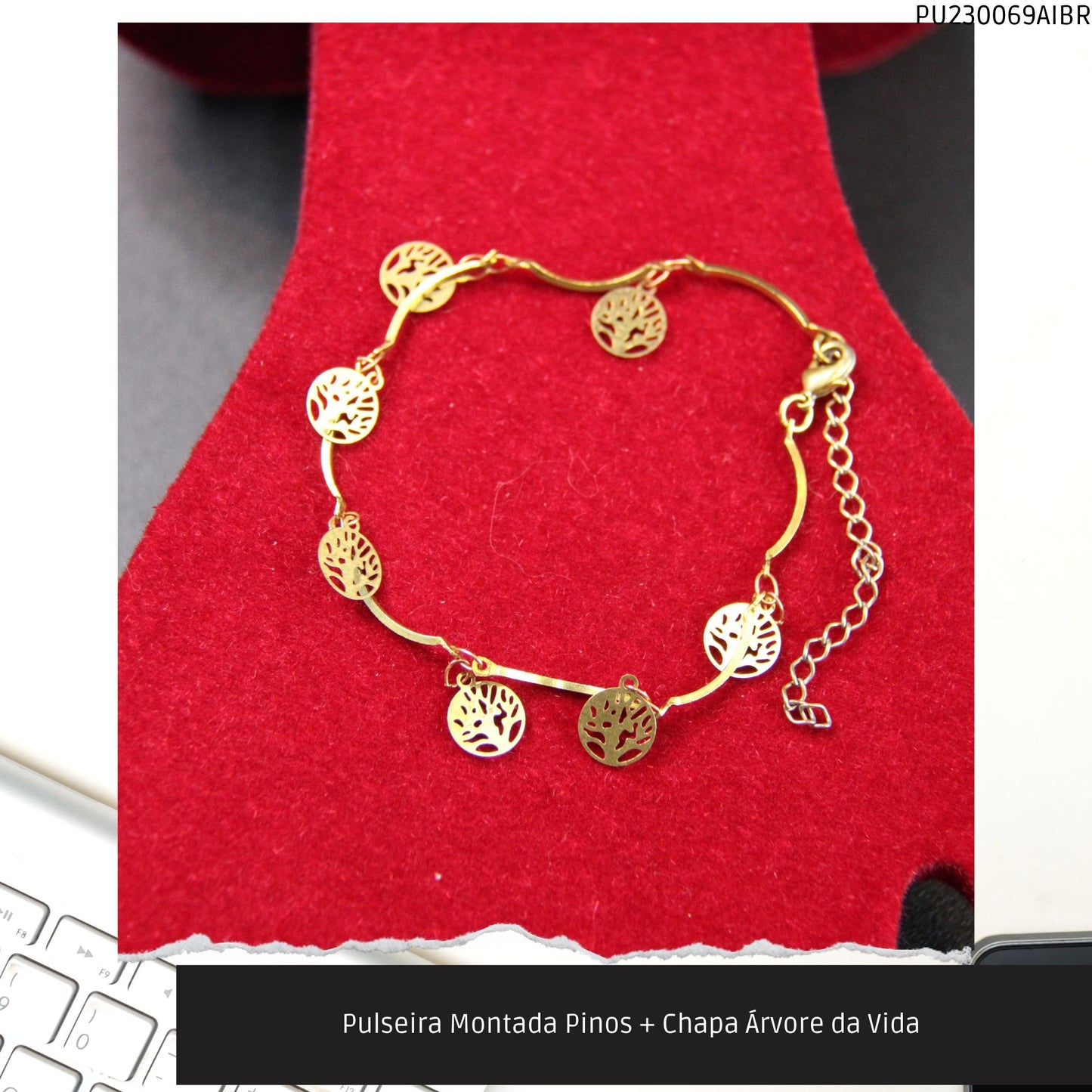 Pulseira Montada Pinos + Chapa Árvore da Vida   - Código.: PU230069AIBR  - Peso.: 2.3 gr