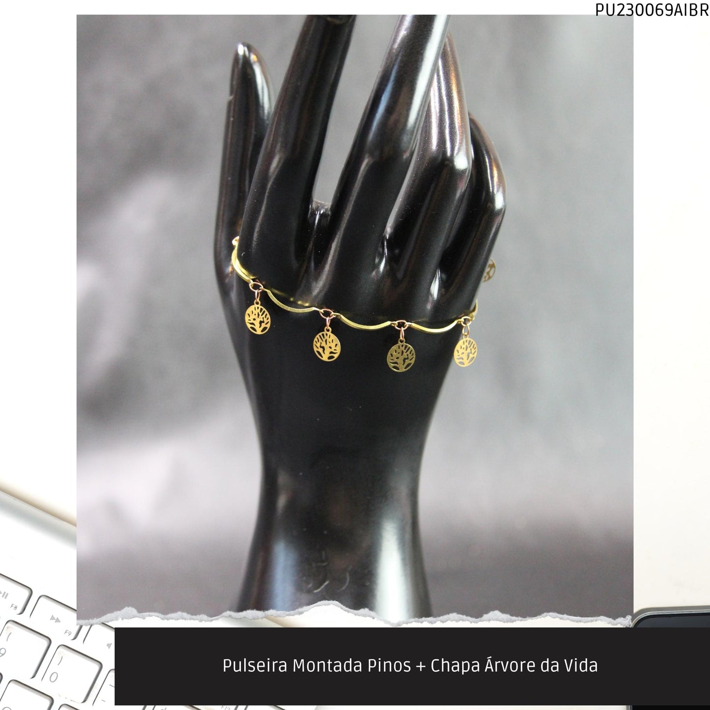 Pulseira Montada Pinos + Chapa Árvore da Vida   - Código.: PU230069AIBR  - Peso.: 2.3 gr