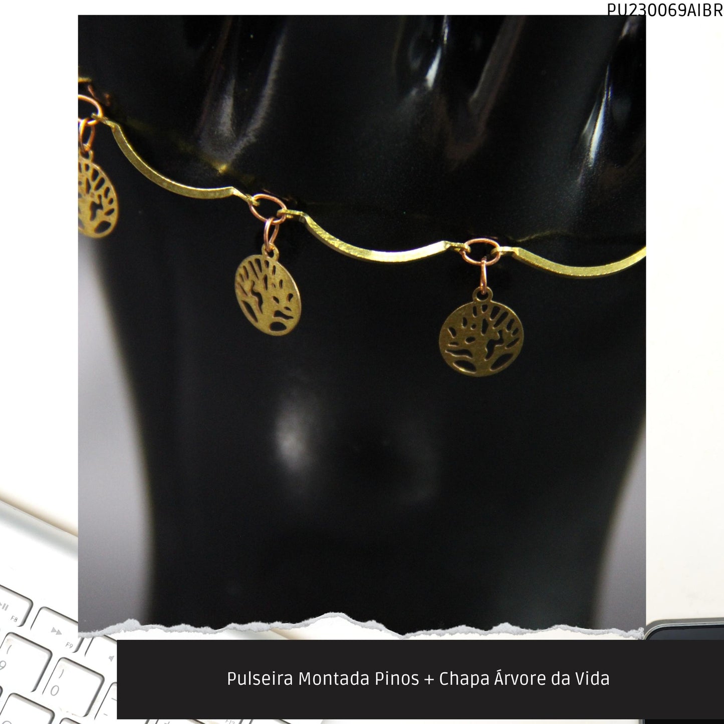 Pulseira Montada Pinos + Chapa Árvore da Vida   - Código.: PU230069AIBR  - Peso.: 2.3 gr