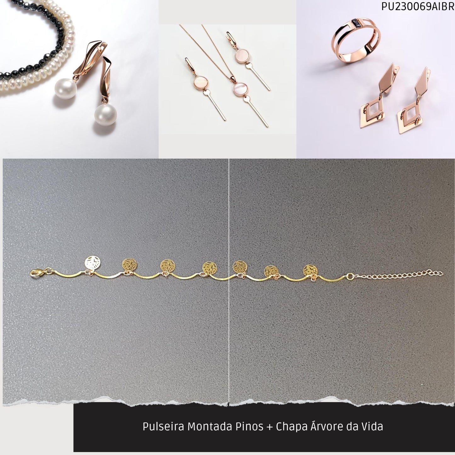 Pulseira Montada Pinos + Chapa Árvore da Vida   - Código.: PU230069AIBR  - Peso.: 2.3 gr