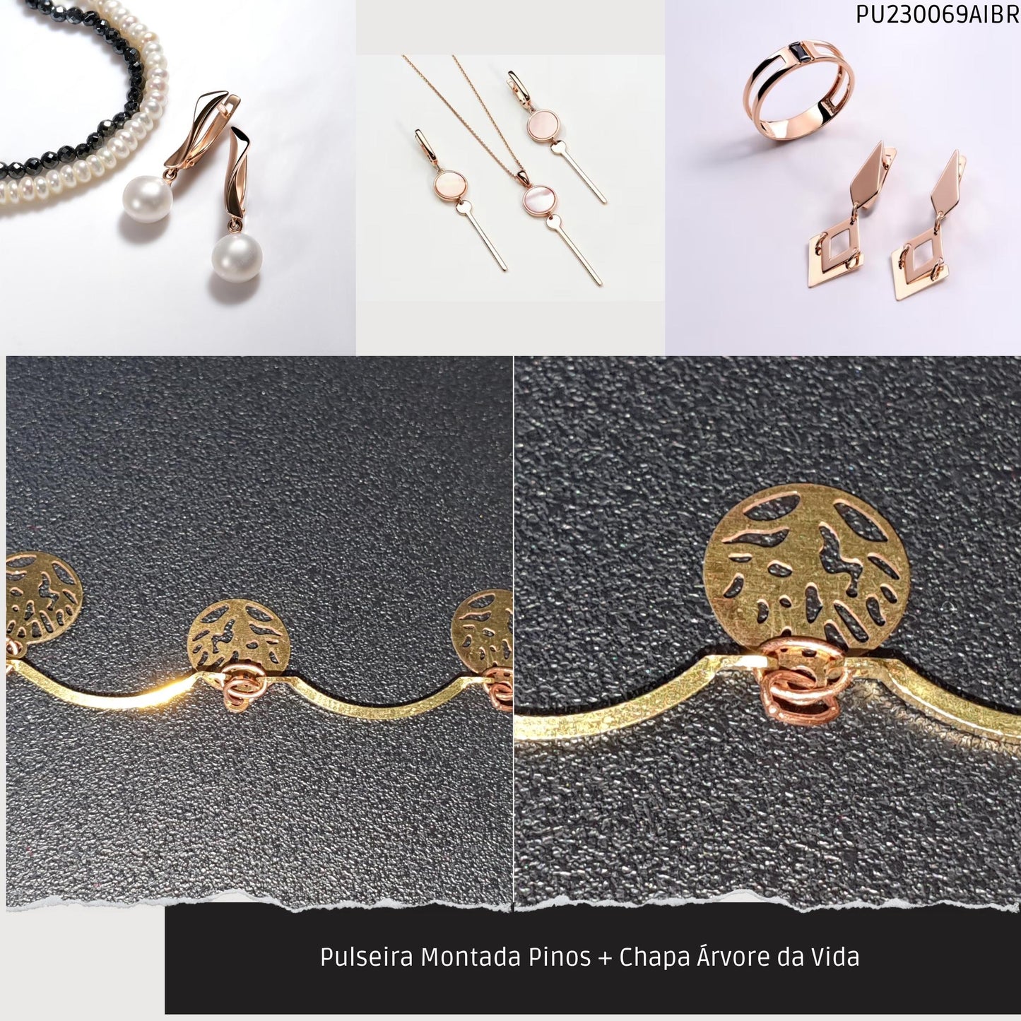 Pulseira Montada Pinos + Chapa Árvore da Vida   - Código.: PU230069AIBR  - Peso.: 2.3 gr