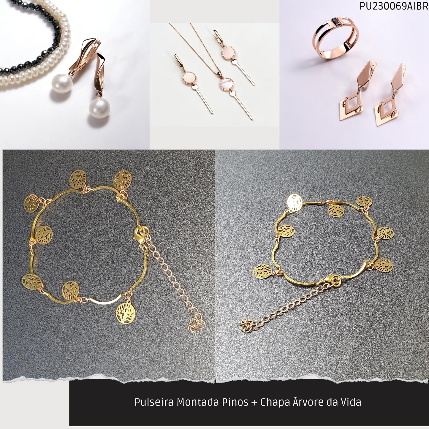 Pulseira Montada Pinos + Chapa Árvore da Vida   - Código.: PU230069AIBR  - Peso.: 2.3 gr