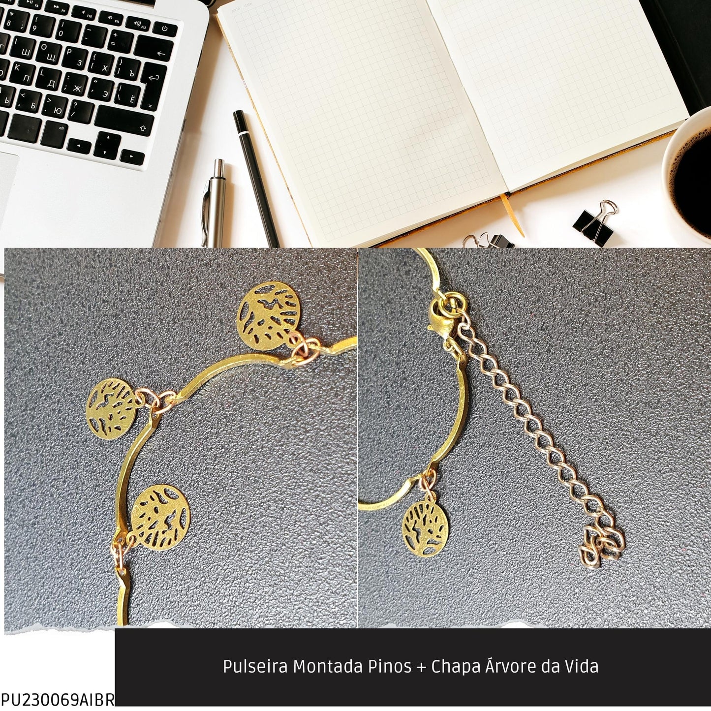 Pulseira Montada Pinos + Chapa Árvore da Vida   - Código.: PU230069AIBR  - Peso.: 2.3 gr